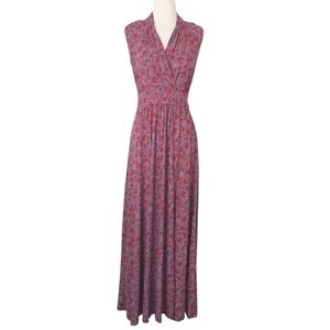 Michael Kors Red Purple & Pink Leaves Sleeveless Maxi Dress w High Leg Slit
